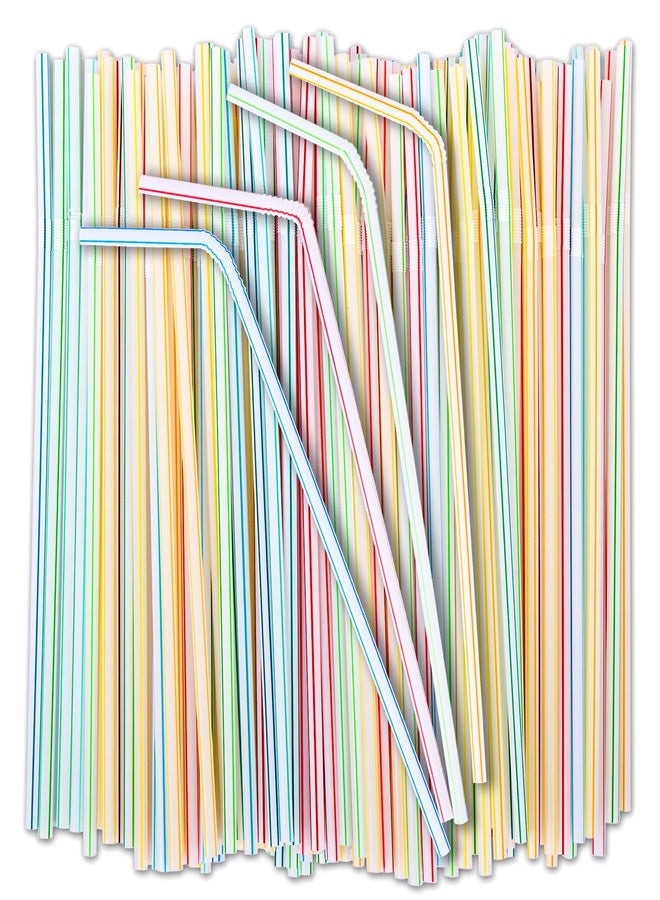 TOMNK 300PCS Tomnk Disposable Plastic Drinking Straws - Flexible Straws Disposable 8.3" Long, Colorful Plastic Striped Assorted Colors for Home Use Milk Juice Drinks - Image 1